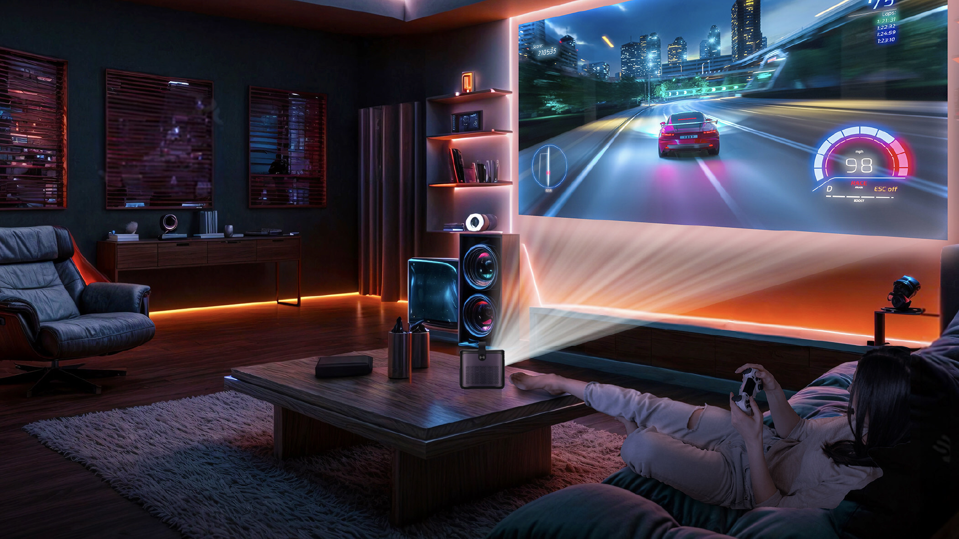 Living room with a large screen displaying a car racing game, surrounded by home theater speakers.