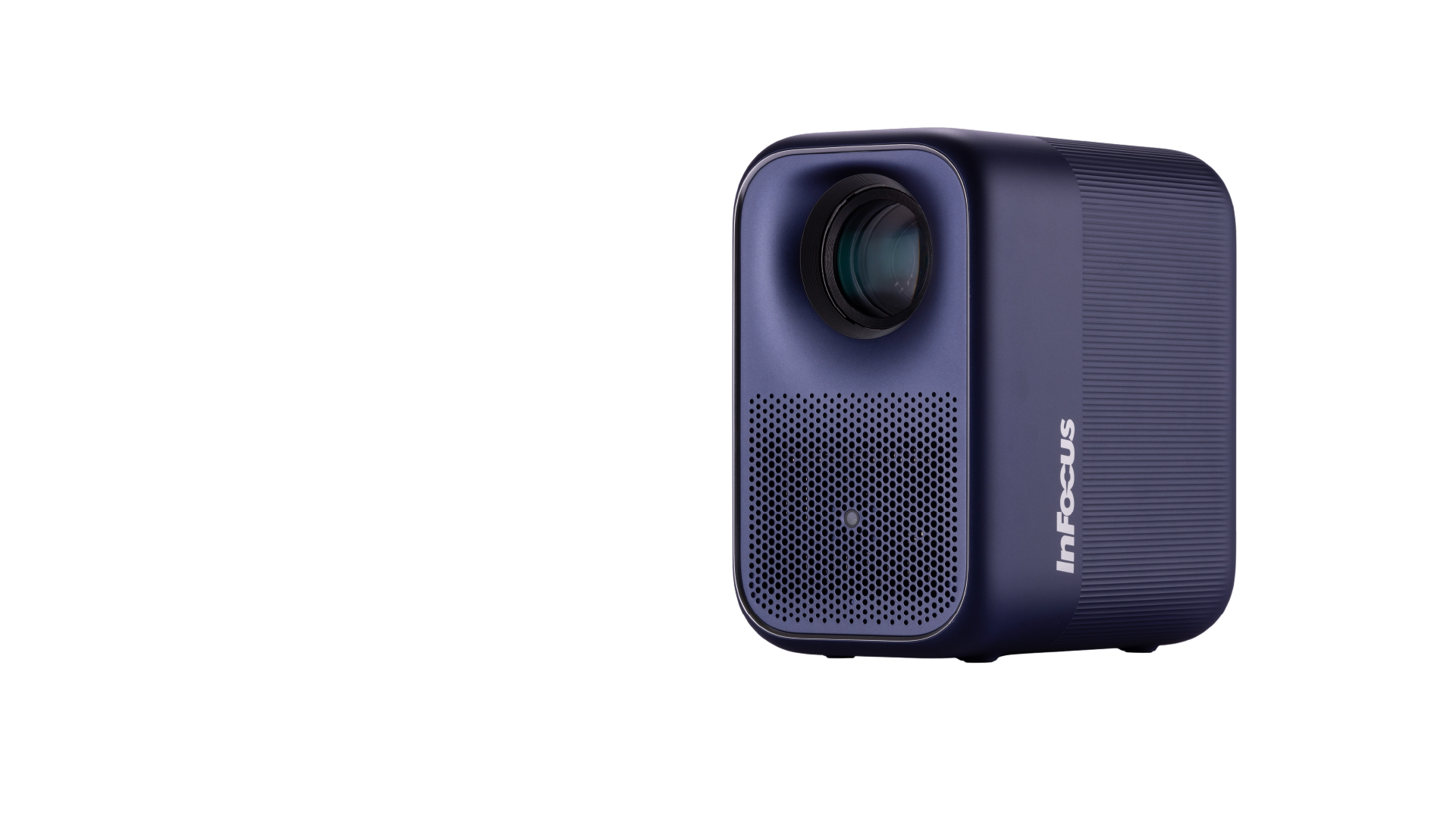 Side angle view of Apex Master blue portable projector isolated on transparent background