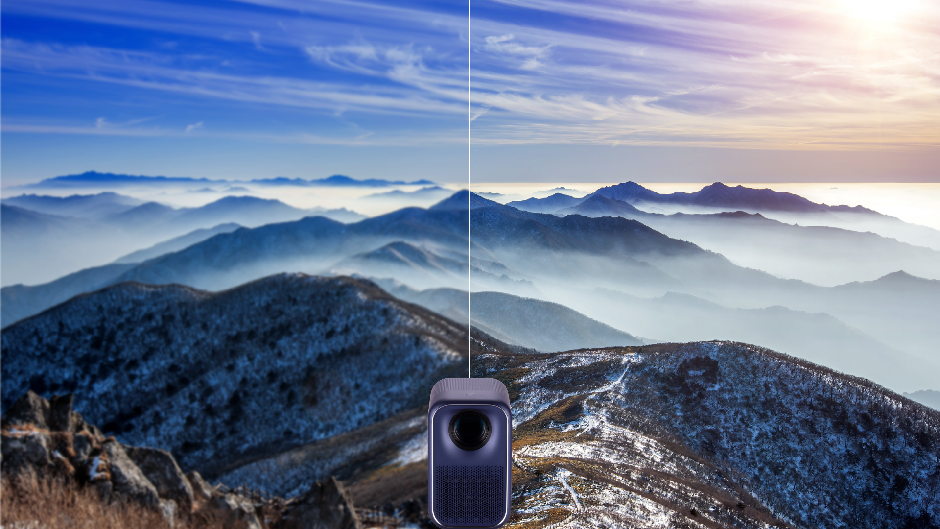 InFocus projector image quality comparison showing 720p versus 1080p resolution on mountain landscape