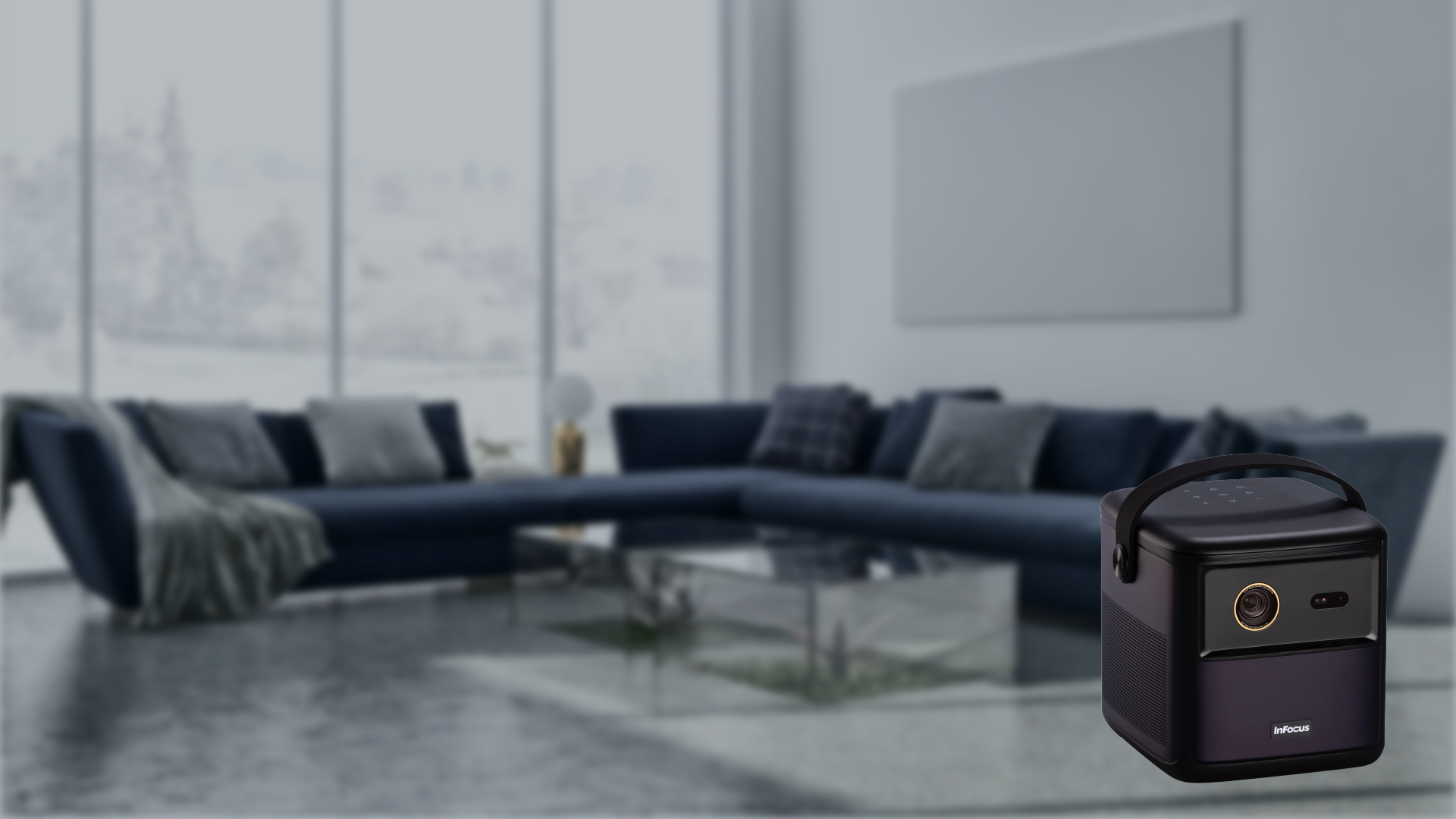 OPortable crusader projector in a modern living room setting