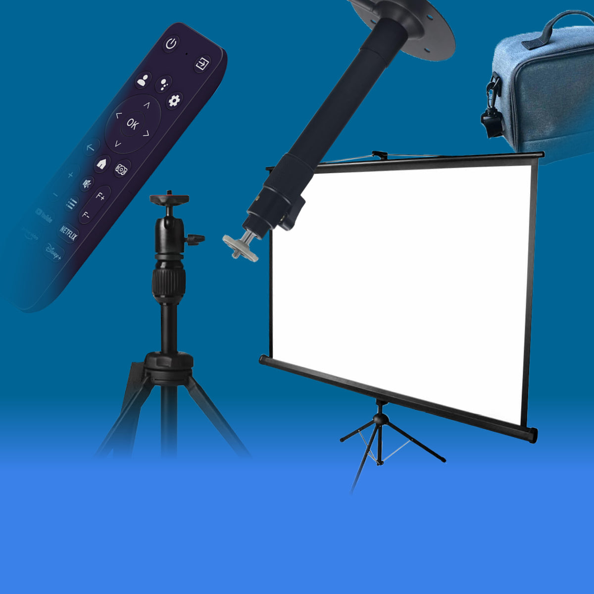 Projector accessories including remote control, ceiling mount, tripod stand, carrying case, and projection screen on blue background