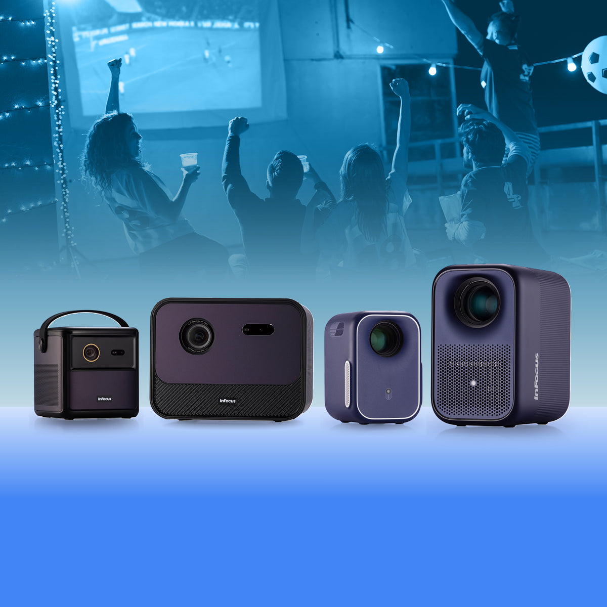 Four portable projectors displayed on a blue gradient background with people watching a sports game outdoors
