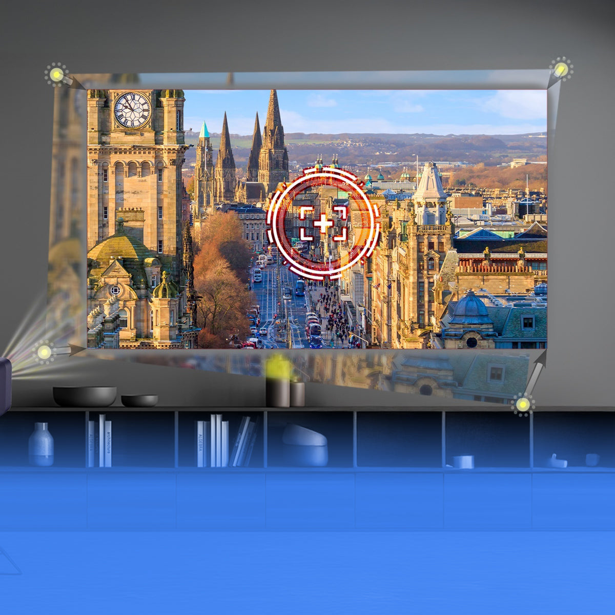 Home projector displaying a high-resolution cityscape with a clock tower and historic architecture