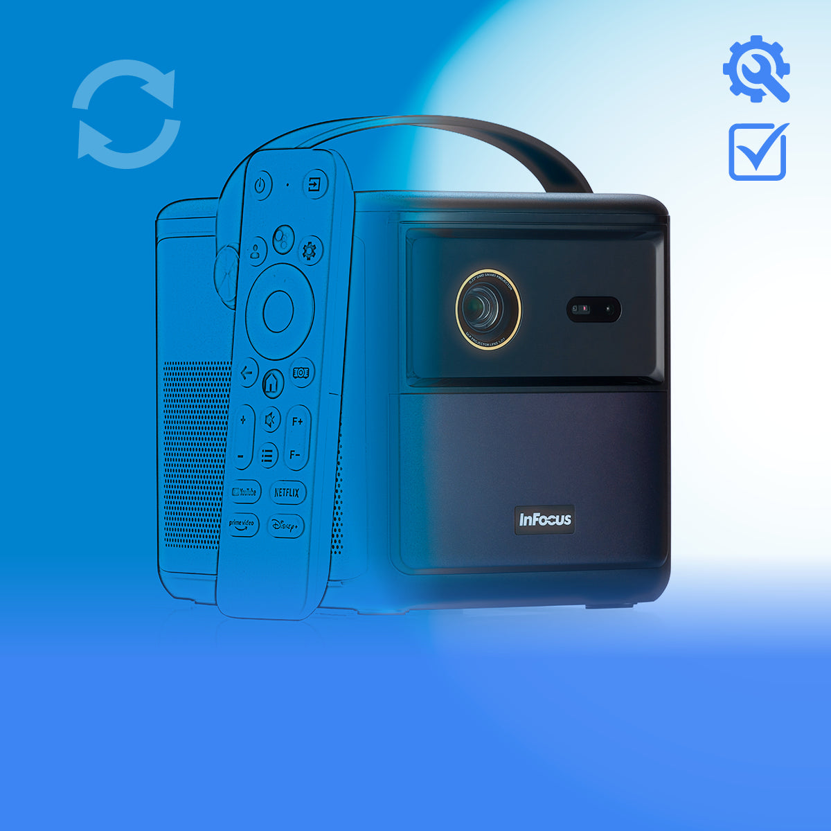 Refurbished InFocus projector with remote control on blue gradient background and tech icons